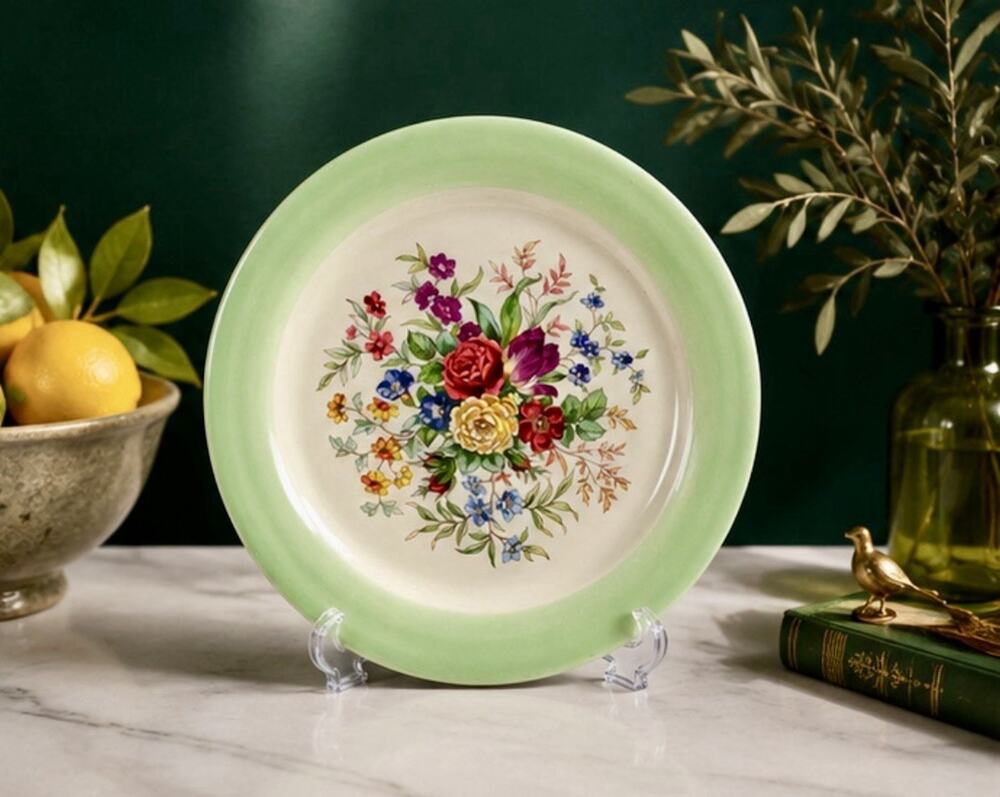 Very Rare Homer Laughlin Dinner Plate Eggshell Theme Floral Green Rim 10” VTG